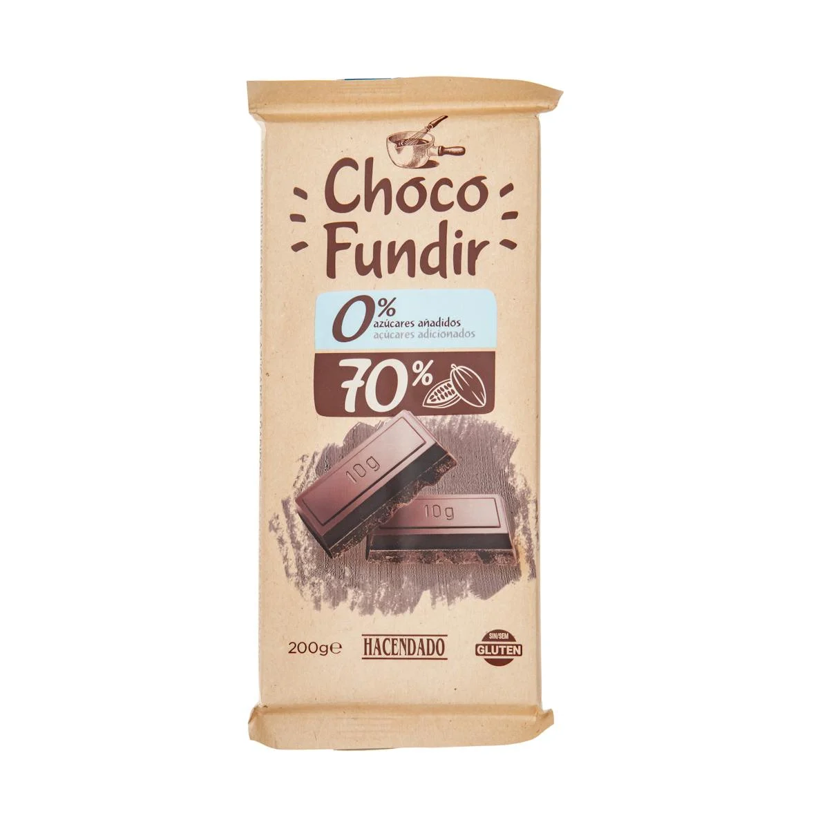 70 % cocoa dark chocolate for melting 0% added sugars Hacendado