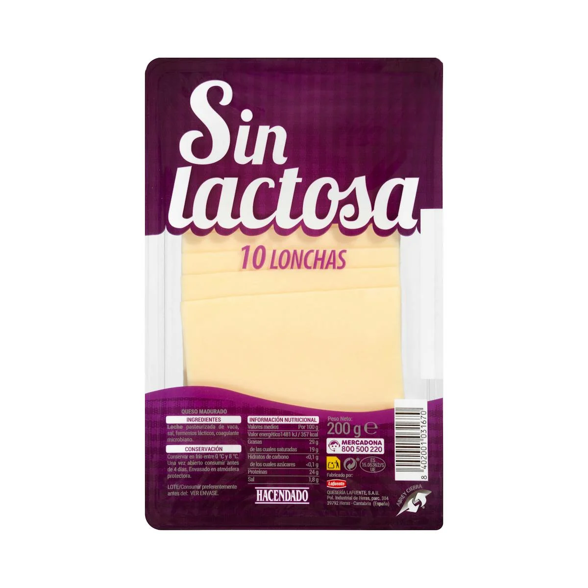 Formatge talls sense lactosa de vaca Hacendado