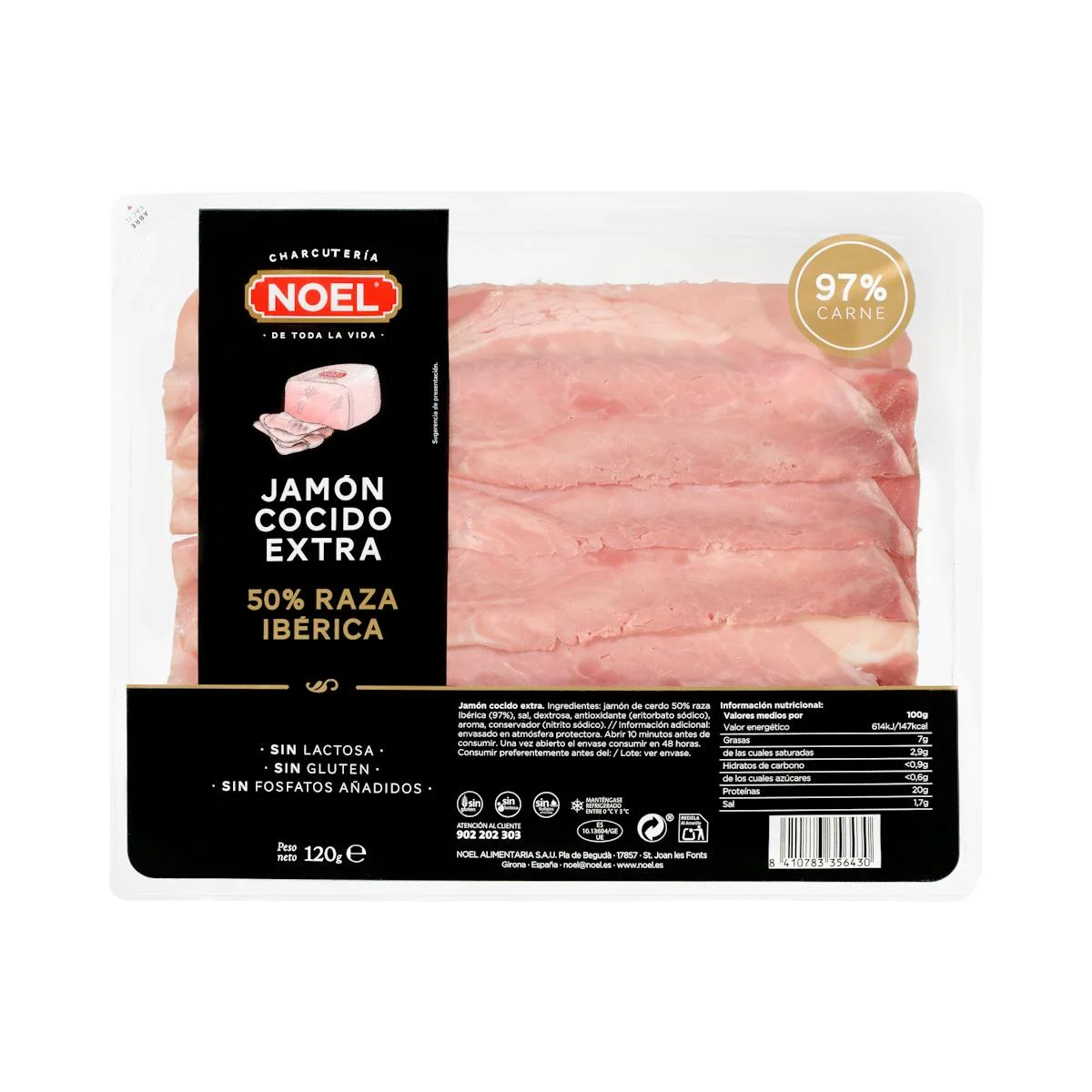Jambon cuit extra 50% de race ibérique Noel, en tranches