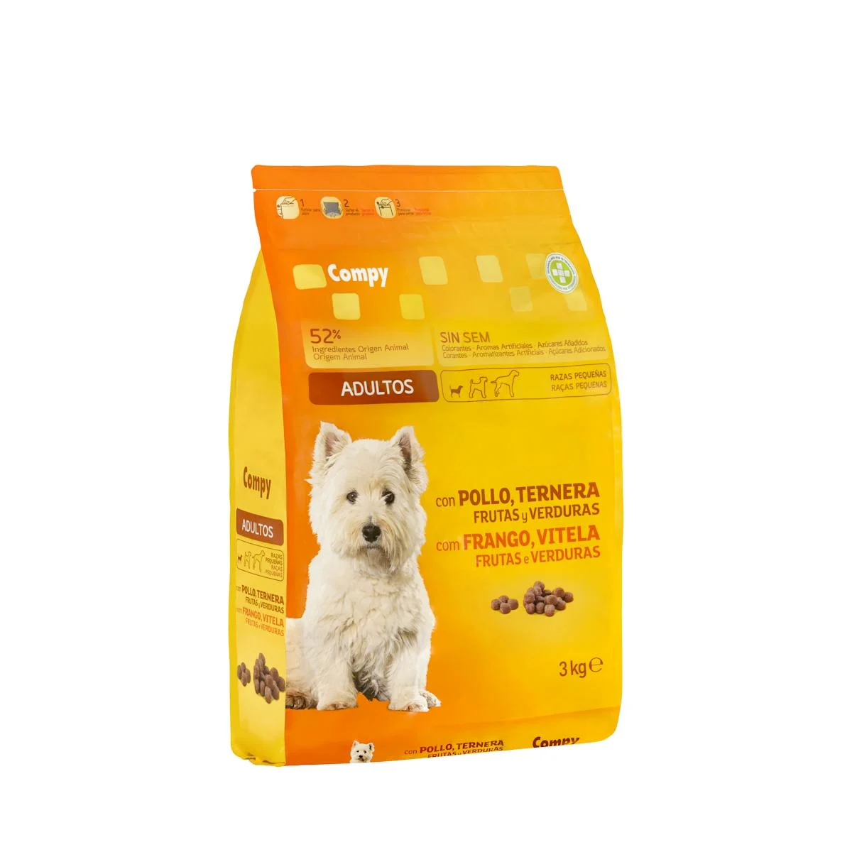 Adult dog food with chicken, beef, fruits and vegetables Compy