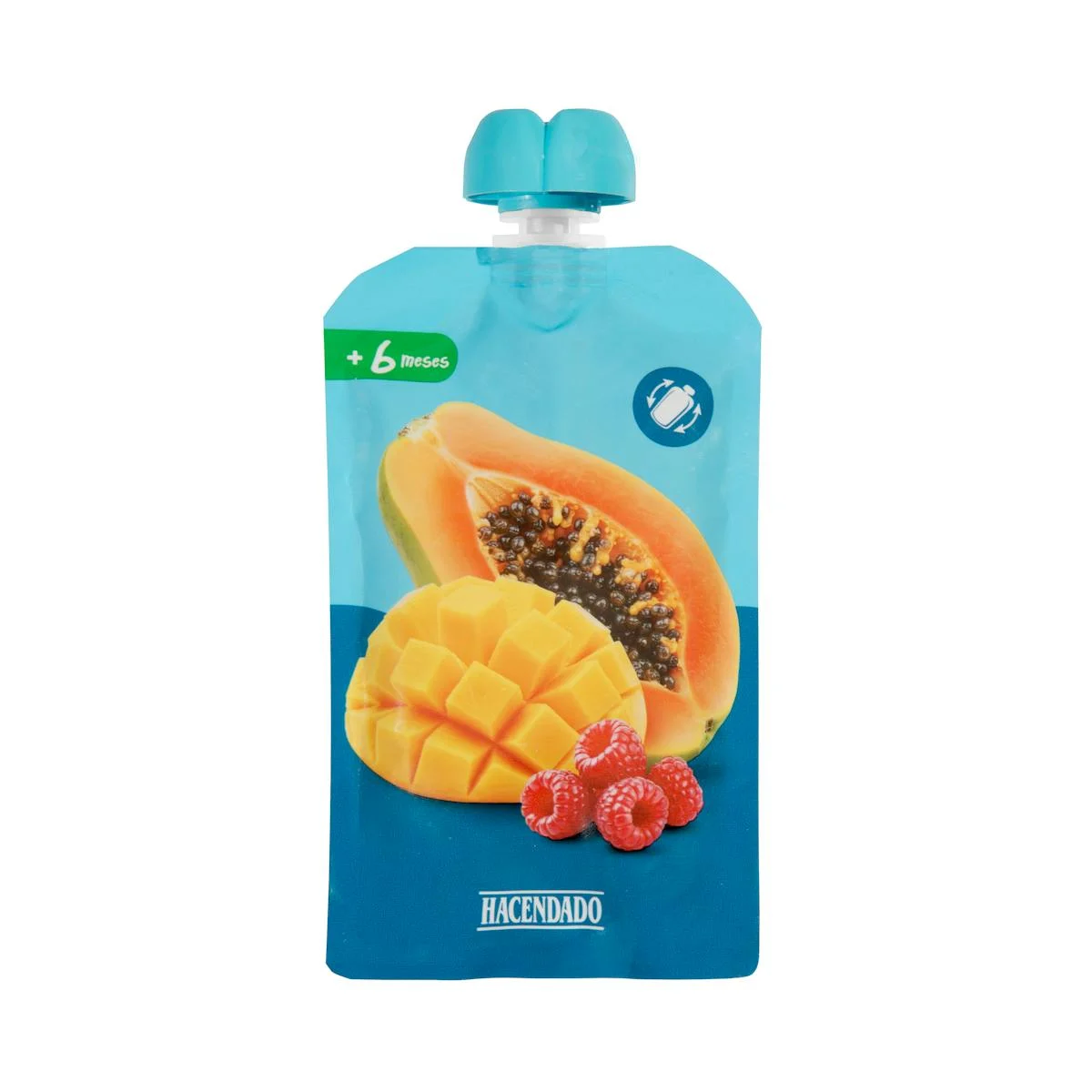 Apple, mango, raspberry, banana and papaya purée pouch +6 months Hacendado