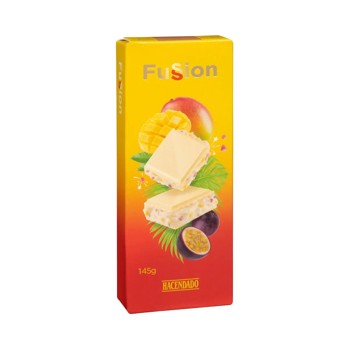 Fussion white chocolate filled with mango and a crunchy passion fruit and caramel flavour Hacendado