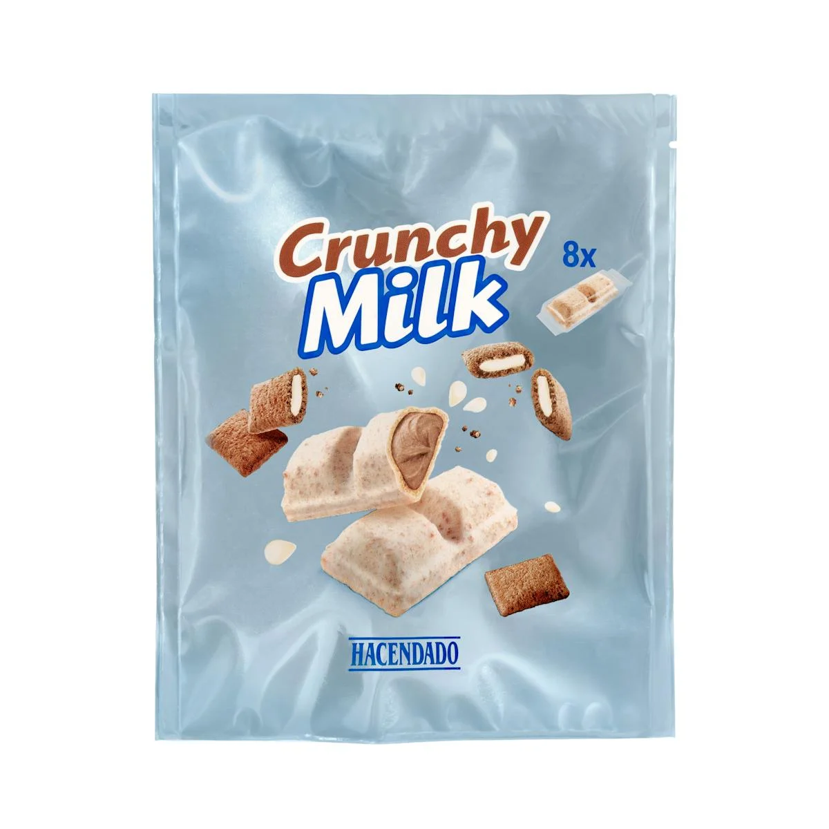 Knusprige Riegel Crunchy Milk Hacendado mit Getreidefüllung und Milchschokolade