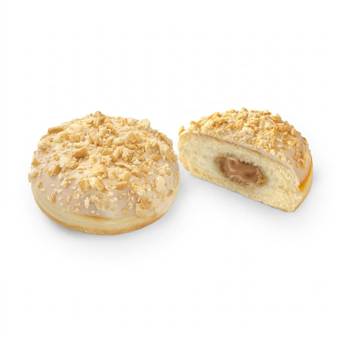 Boule berlinoise avec nappage blanc et morceaux de biscuit, fourrée à la crème de biscuit