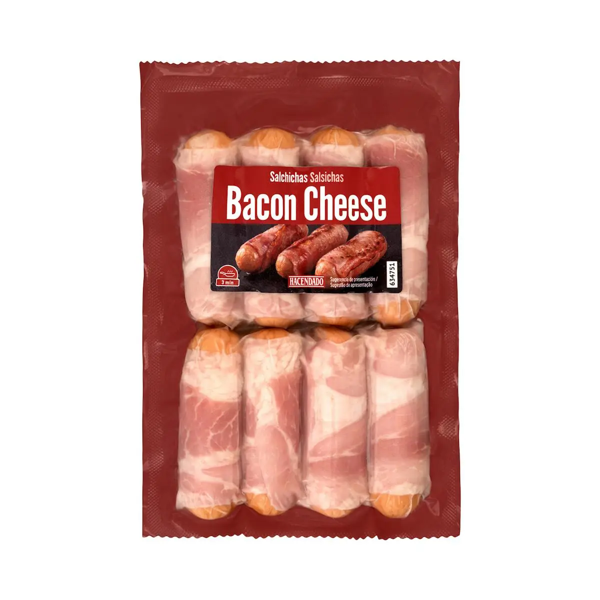 Mini salsitxes Bacon Cheese Hacendado amb formatge embolicades amb bacon