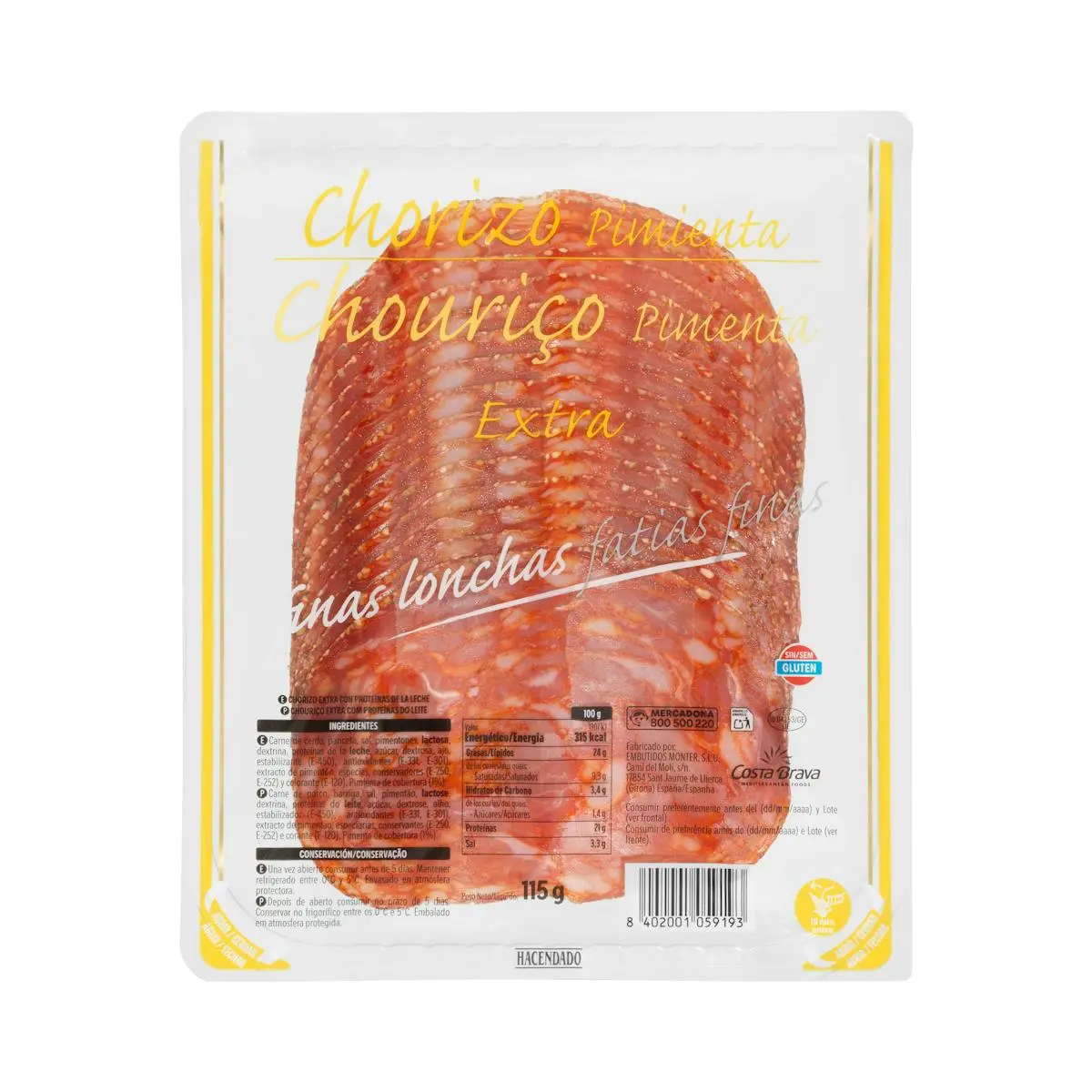Xoriço extra pebre Hacendado talls fins