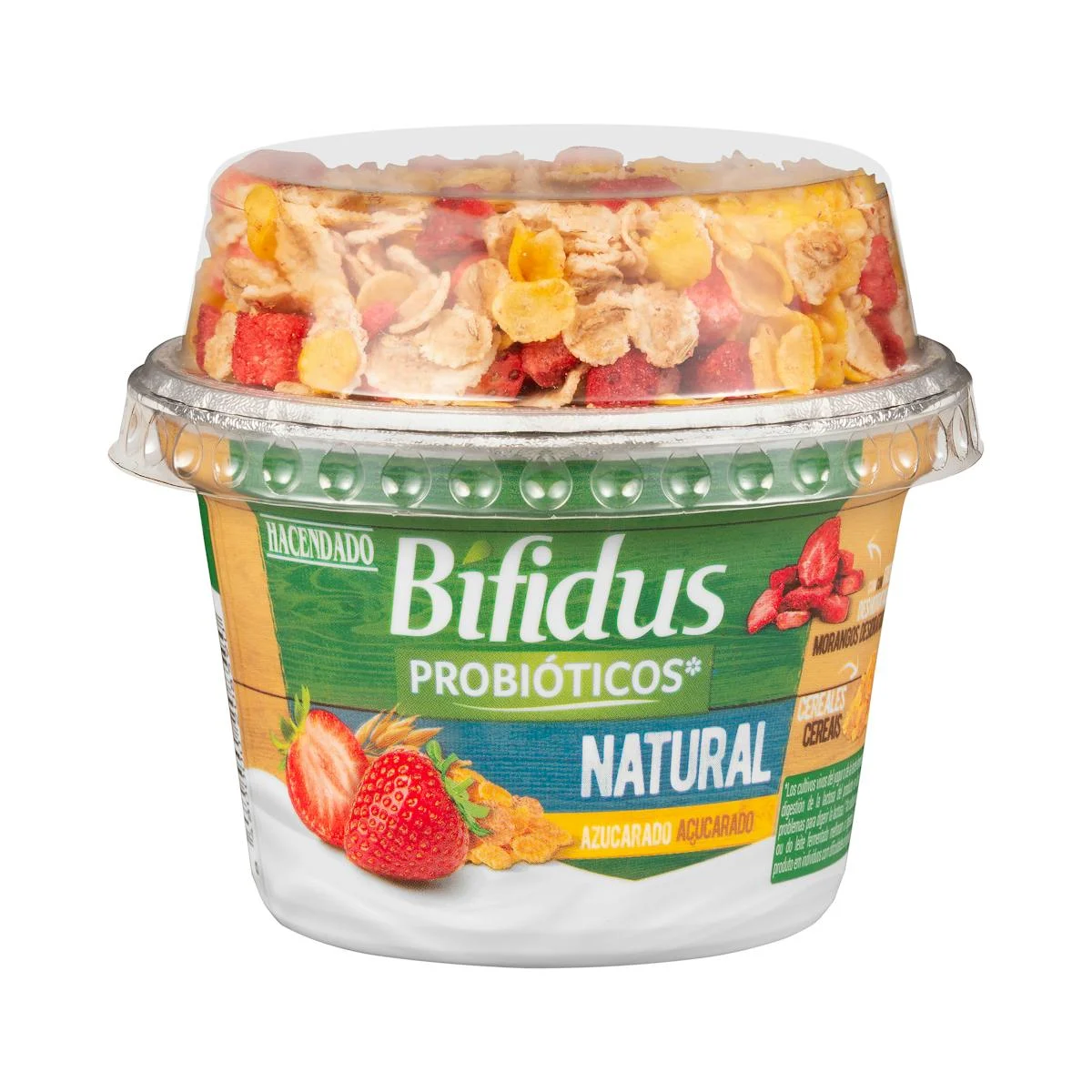 Gezuckerter Natur-Bifidus mit Getreide und getrockneten Erdbeeren, Probiotika Hacendado