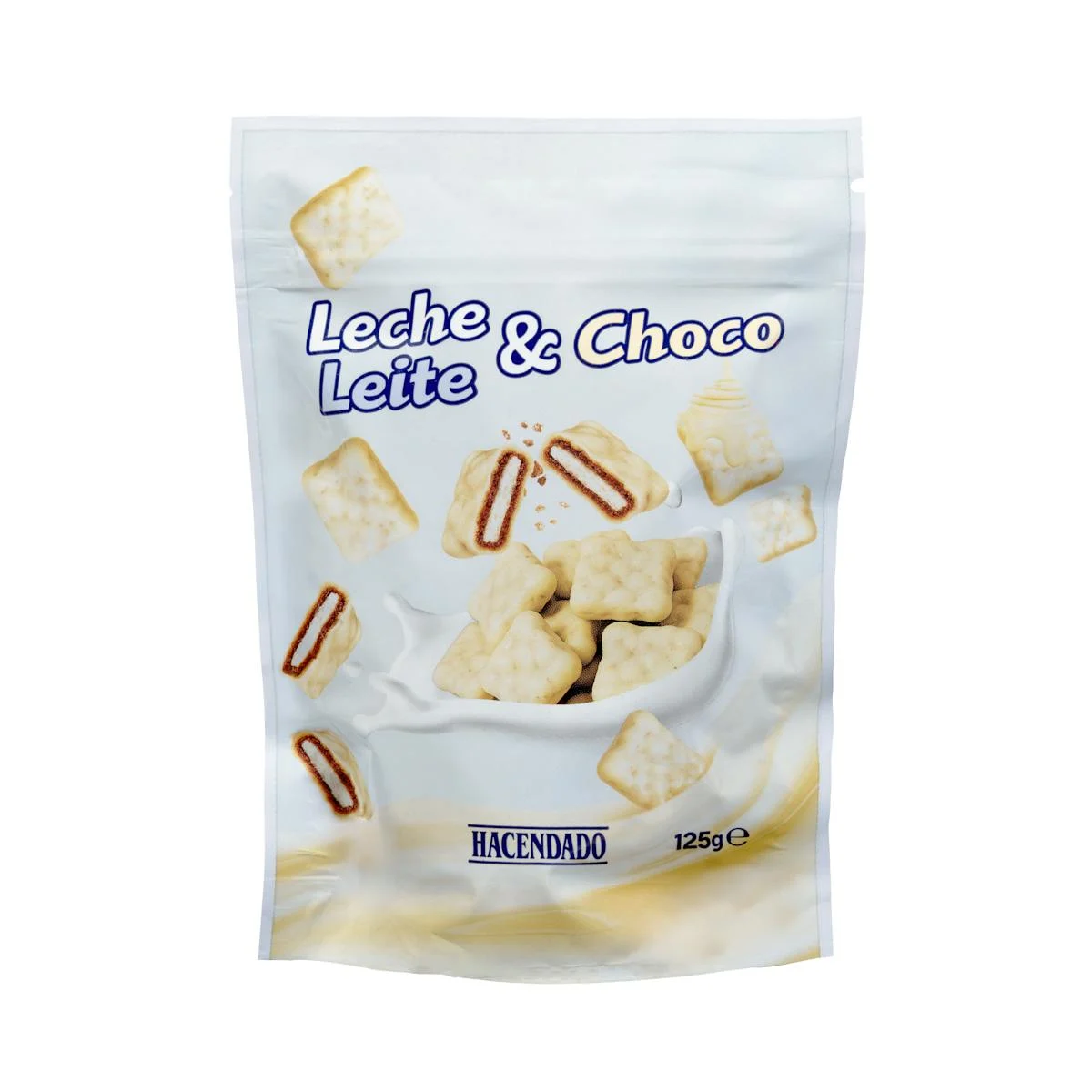 White chocolate-covered cereal filled with milk Hacendado