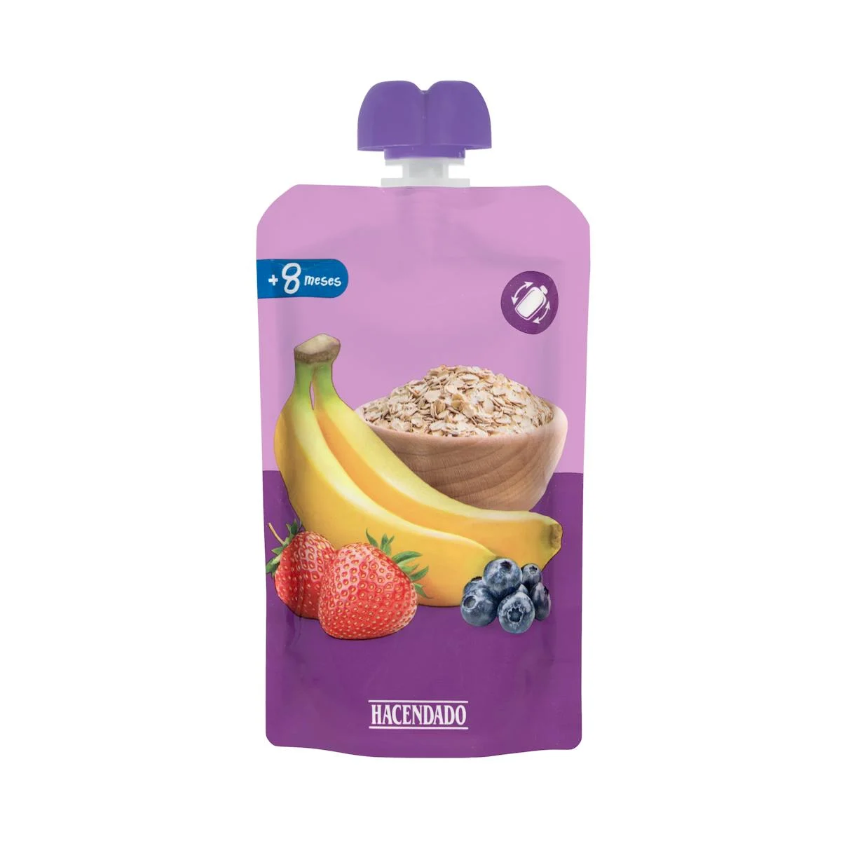 Bosseta puré plàtan, maduixa, nabiu i avena Hacendado +8 mesos
