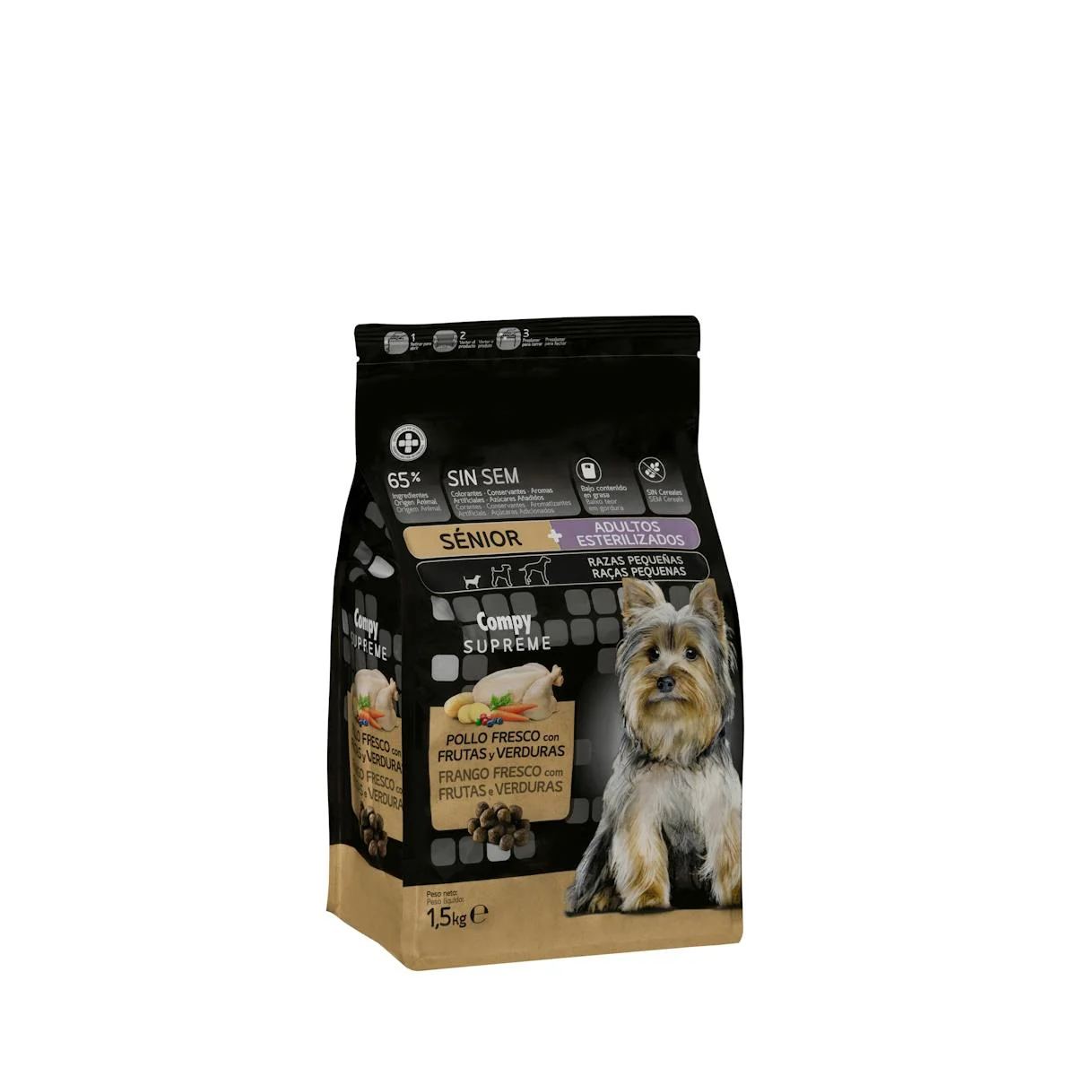 Hundefutter mit frischem Hähnchen, Früchten und Gemüse für kastrierte ältere Hunde Supreme Compy