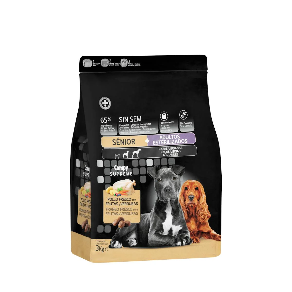 Senior and sterilised adult dog food Supreme with chicken, fruits and vegetables Compy