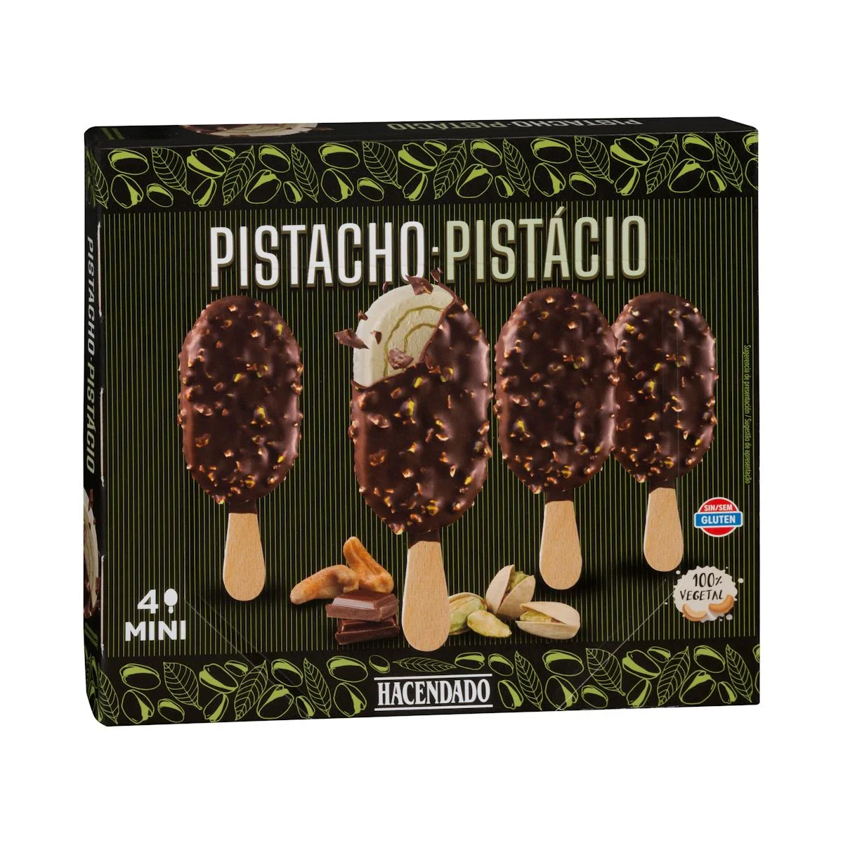 Mini pistachio-flavored plant-based ice cream made with cashews Hacendado