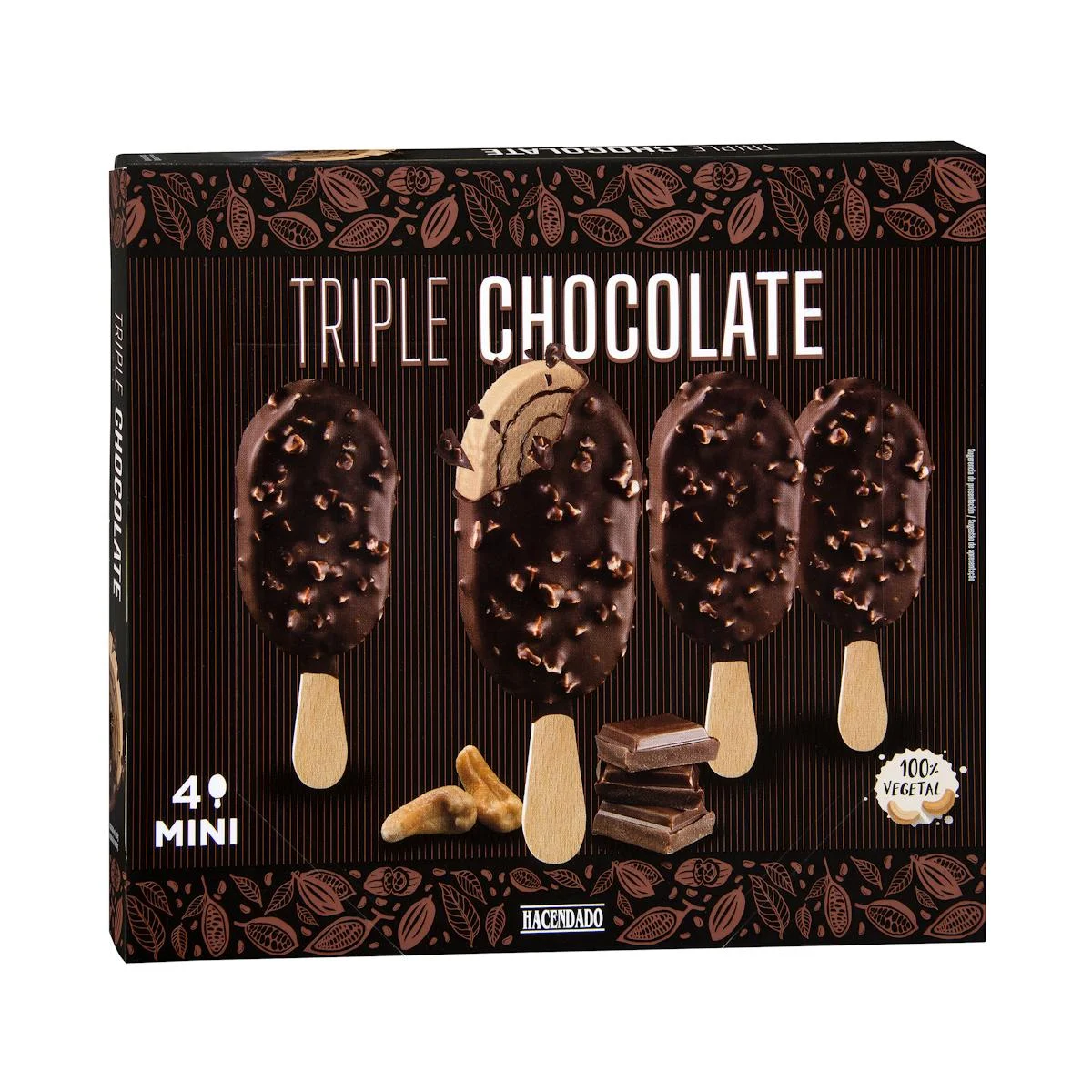 Mini triple-chocolate plant-based ice cream made with cashews Hacendado