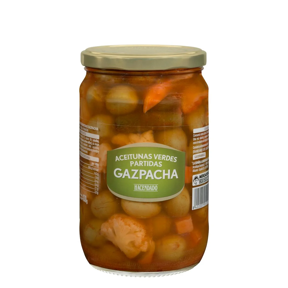 Aufgebrochene grüne Gazpacha-Oliven Hacendado