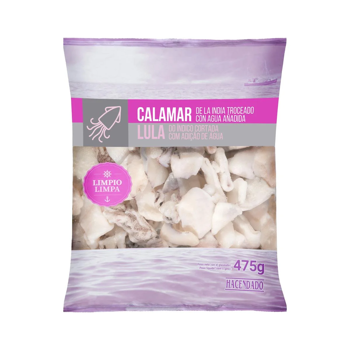 Morceaux de calamar nettoyés Hacendado surgelés