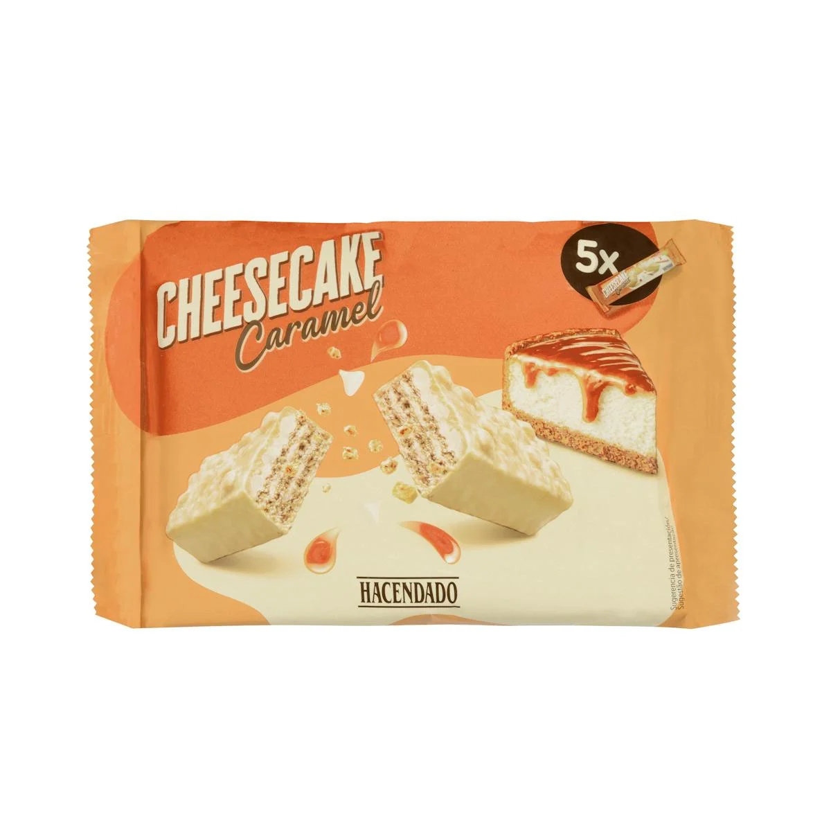 Barrettes de gaufrette Cheesecake Caramel Hacendado, enrobées de glaçage blanc et fourrées au cheesecake