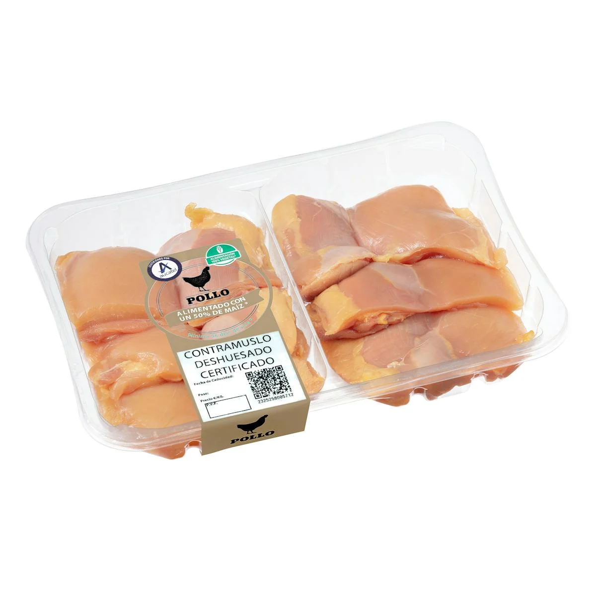 Boneless and skinless certified chicken legs fed 50% corn