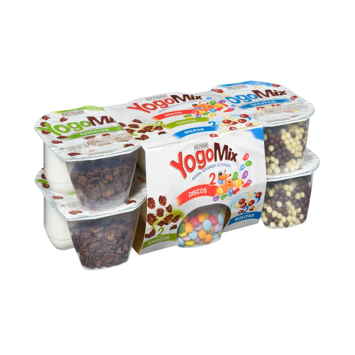 Iogurt ensucrat YogoMix Hacendado variat de flocs blat de moro, boletes i disquets de xocolata