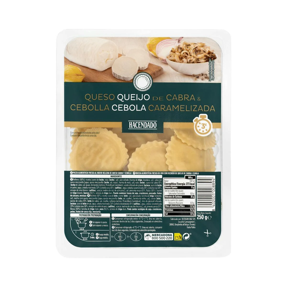 Pasta fresca gira-sols farcida de formatge de cabra i ceba caramel·litzada Hacendado