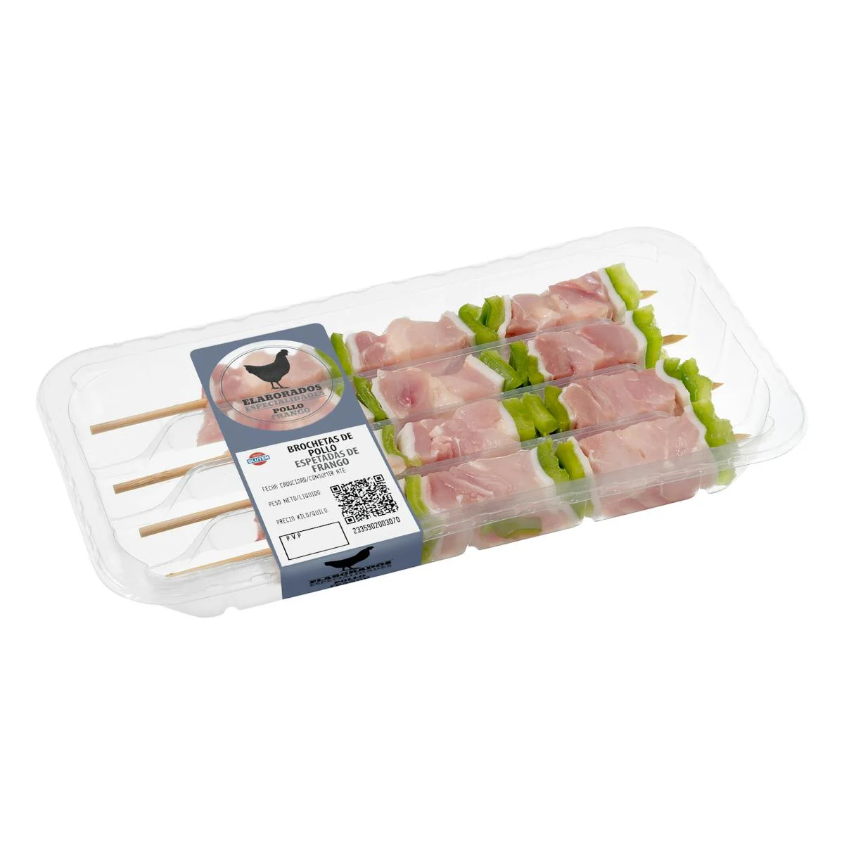 Brochetas de pollo, pimiento verde y tocino de cerdo con varilla