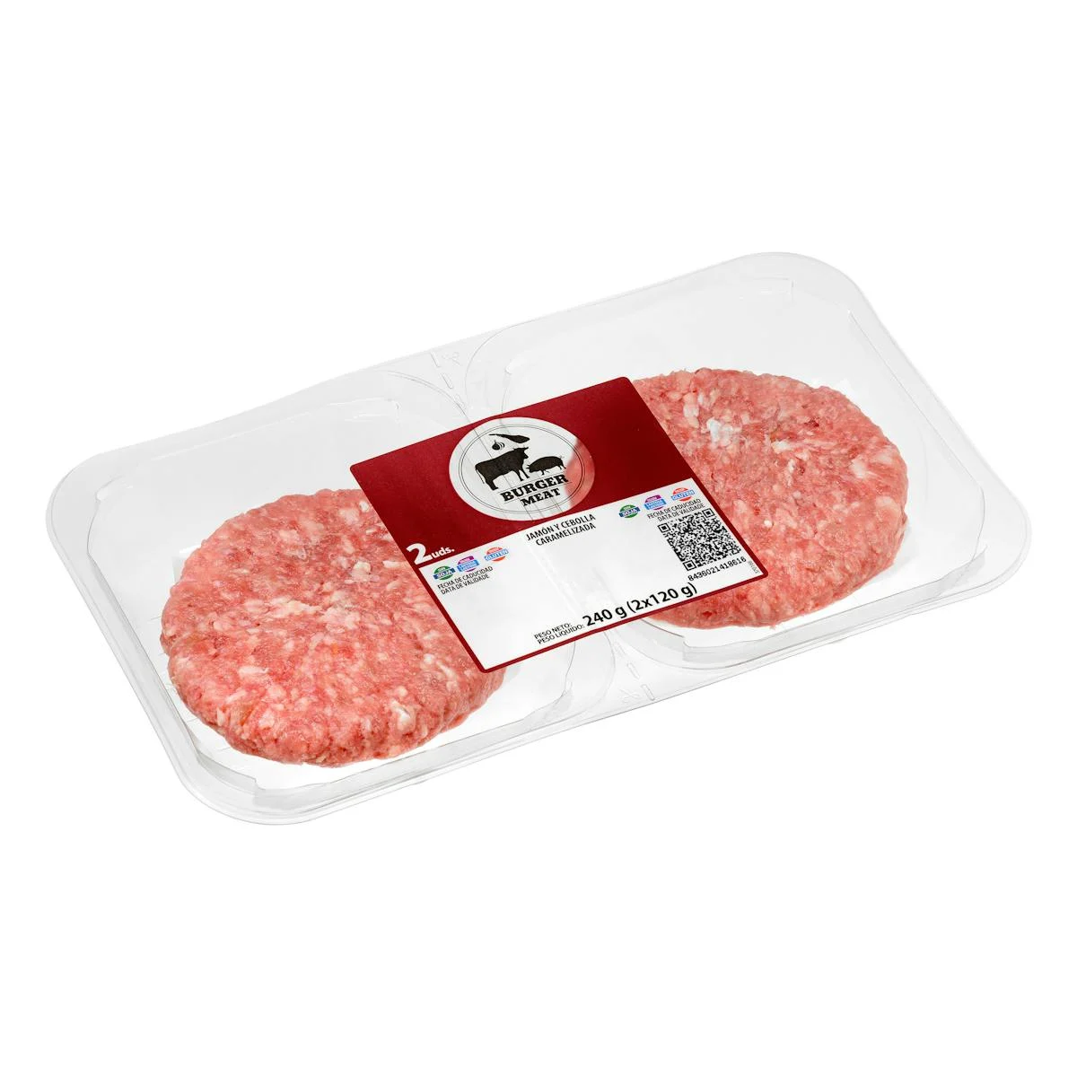 Beef and pork burger with caramelised onion and ham
