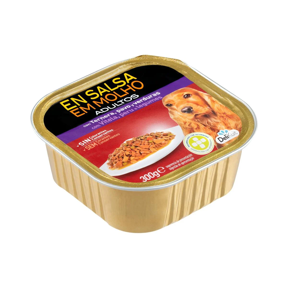 Chunks of beef, turkey and vegetables in sauce adult dog food Delikuit