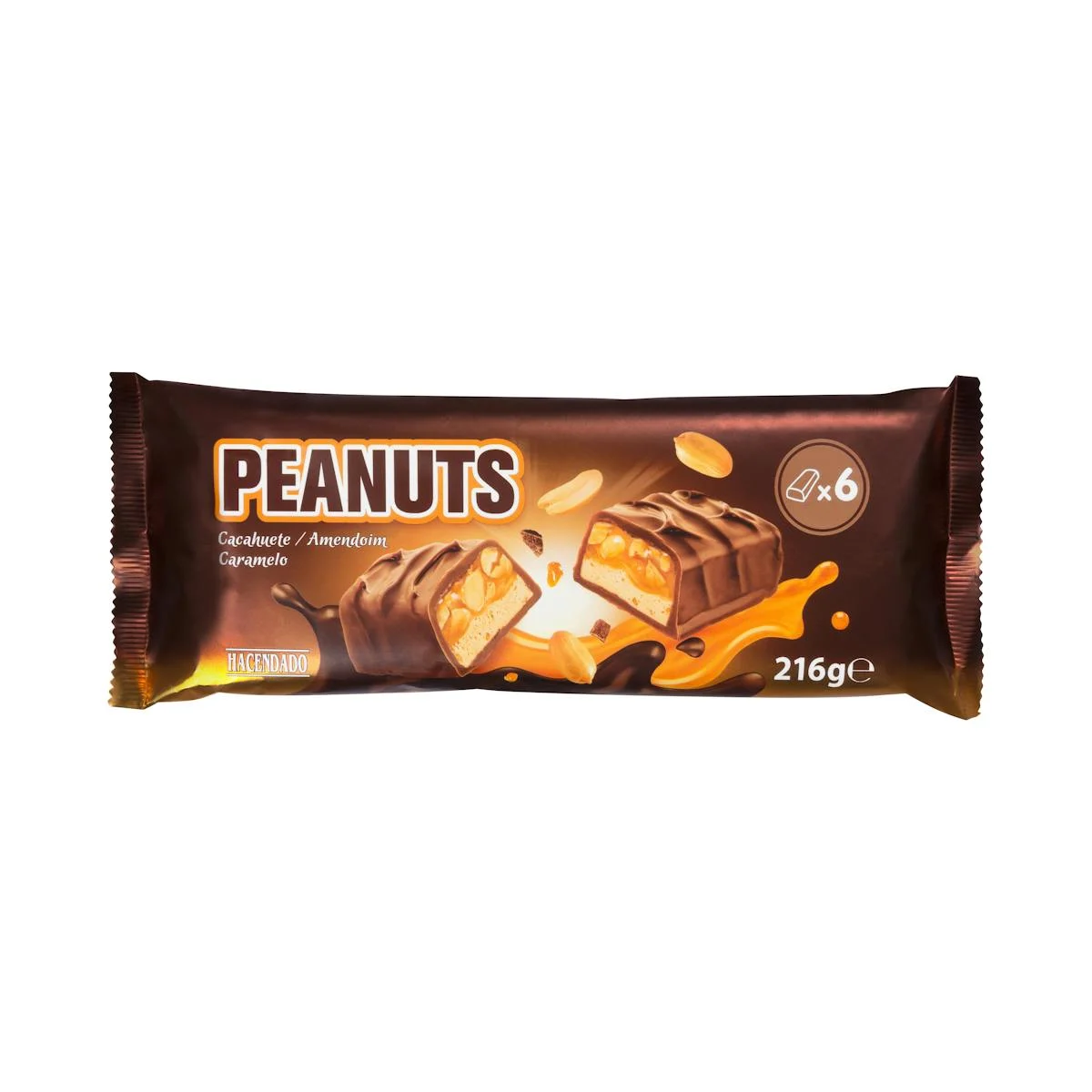 Peanuts bars coated with milk chocolate and filled with caramel, roasted peanuts and sweetened cream Hacendado