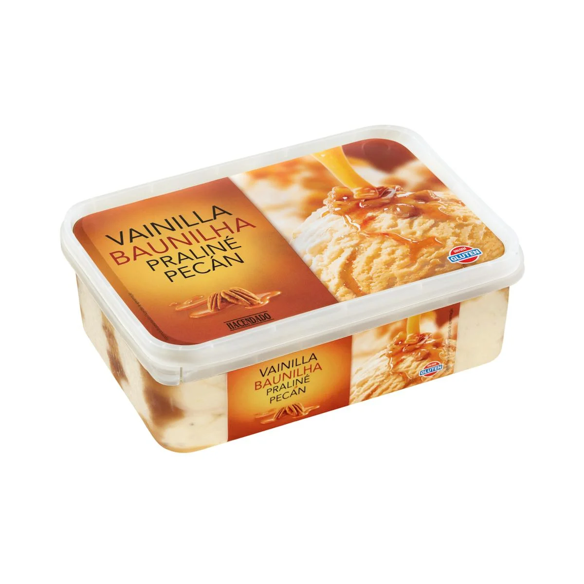 Vanille-Praline-Eis mit Pekannüssen Hacendado und Karamellsirup