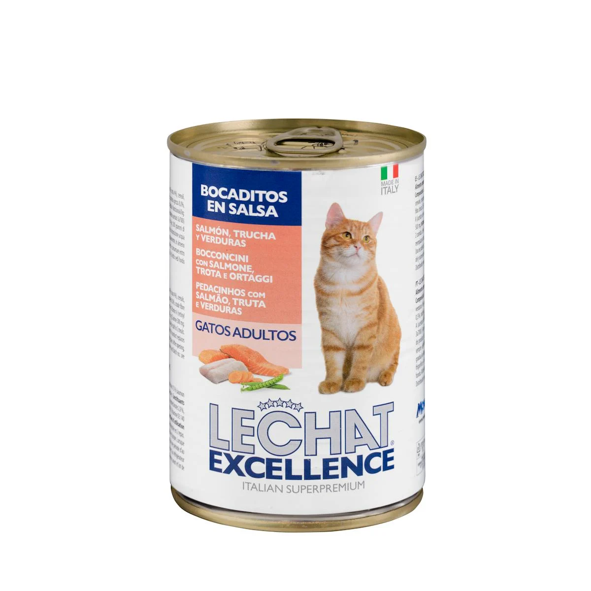 Bouchées au saumon, à la truite et aux légumes en sauce pour chat adulte Lechat Excellence