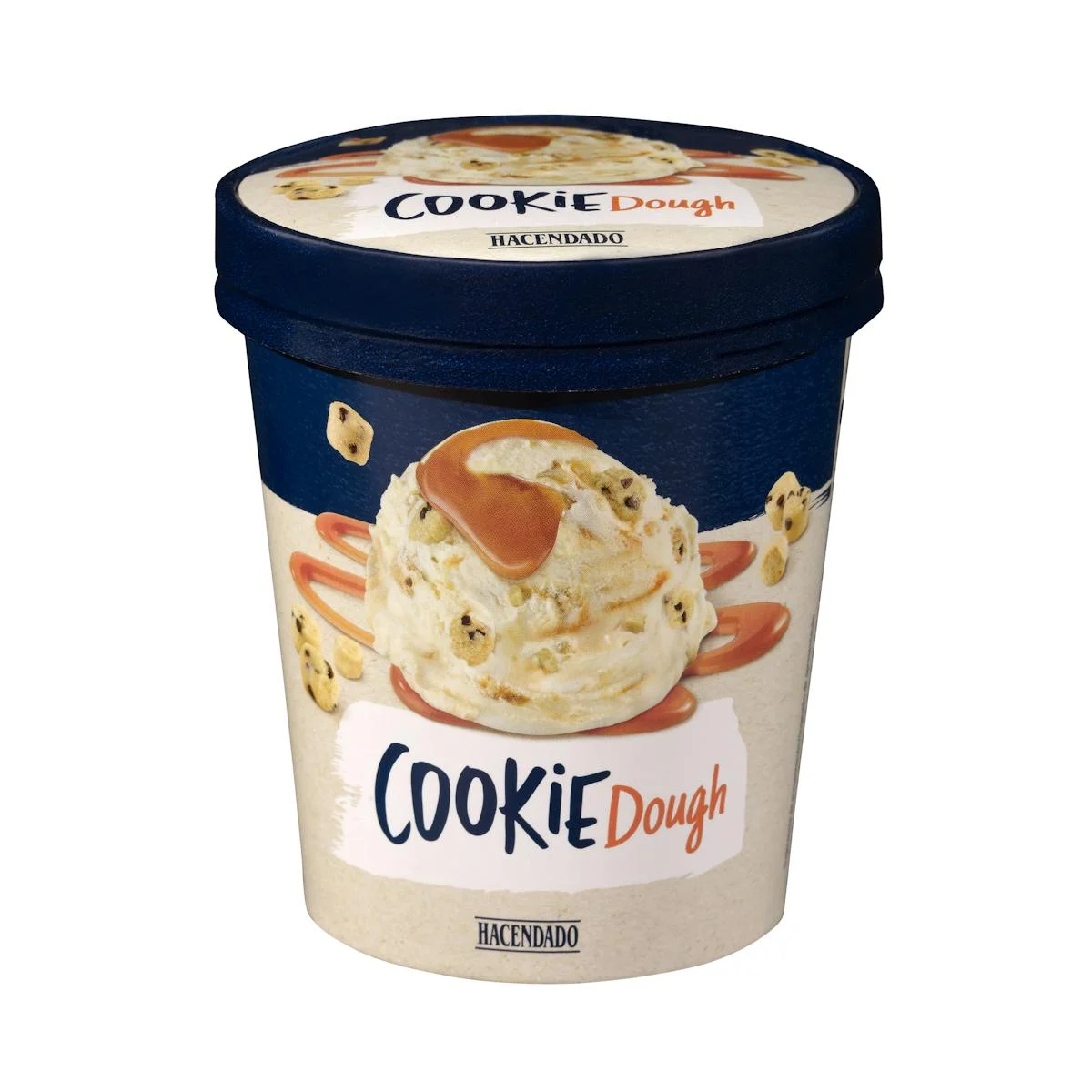 Glace Cookie Dough à la vanille avec morceaux de biscuits et sauce caramel Hacendado