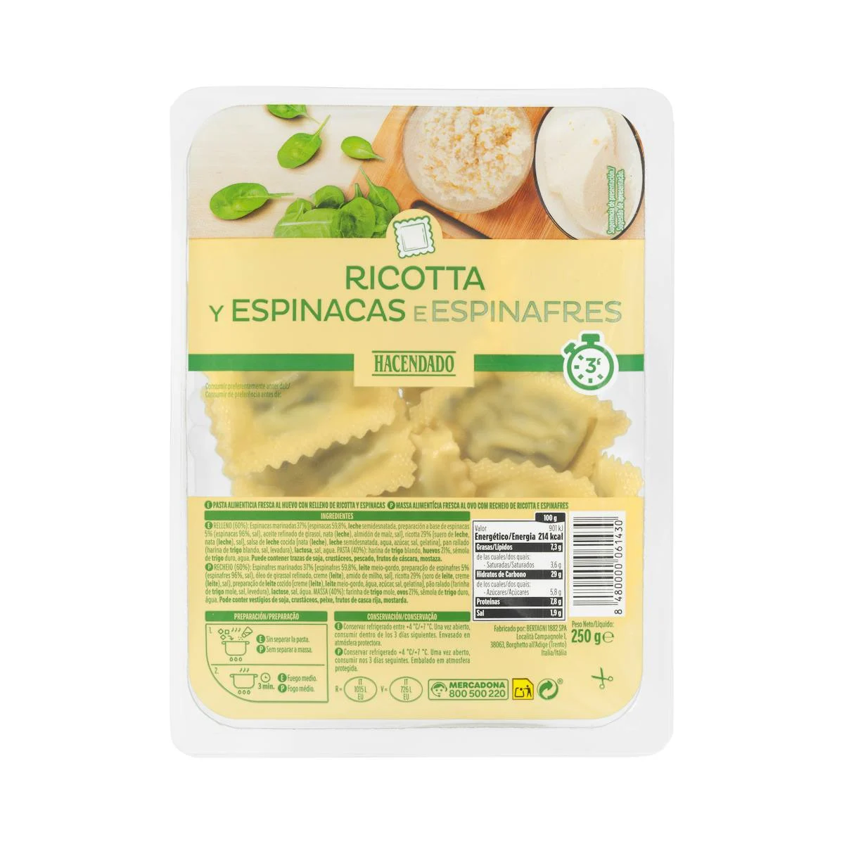 Frische Ravioli mit Ricotta- und Spinatfüllung Hacendado