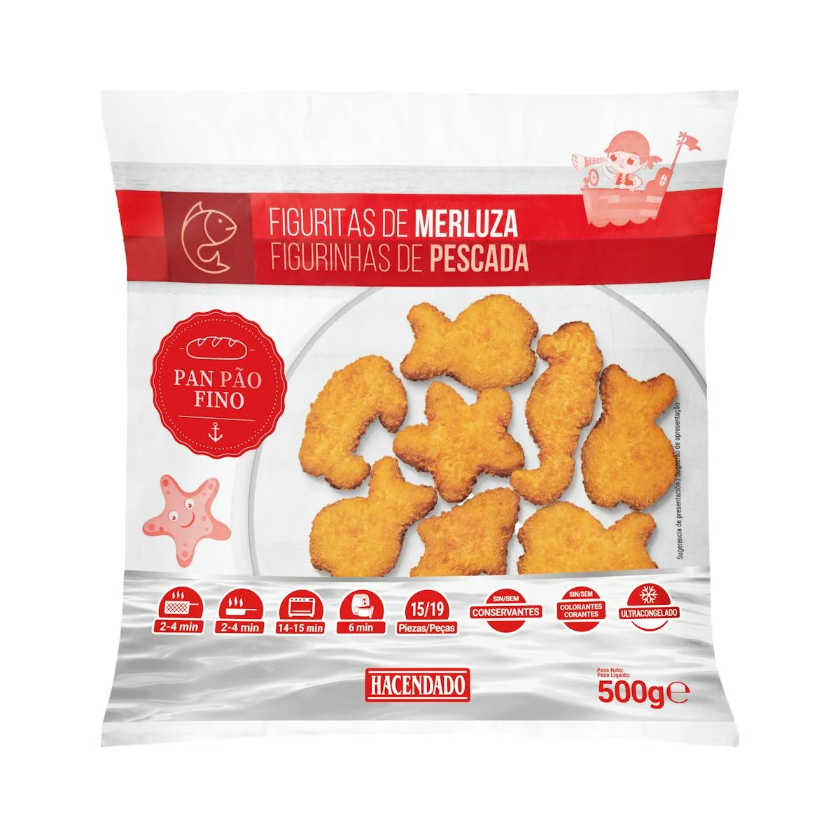 Tiefgefrorene panierte Seehecht-Figuren Hacendado