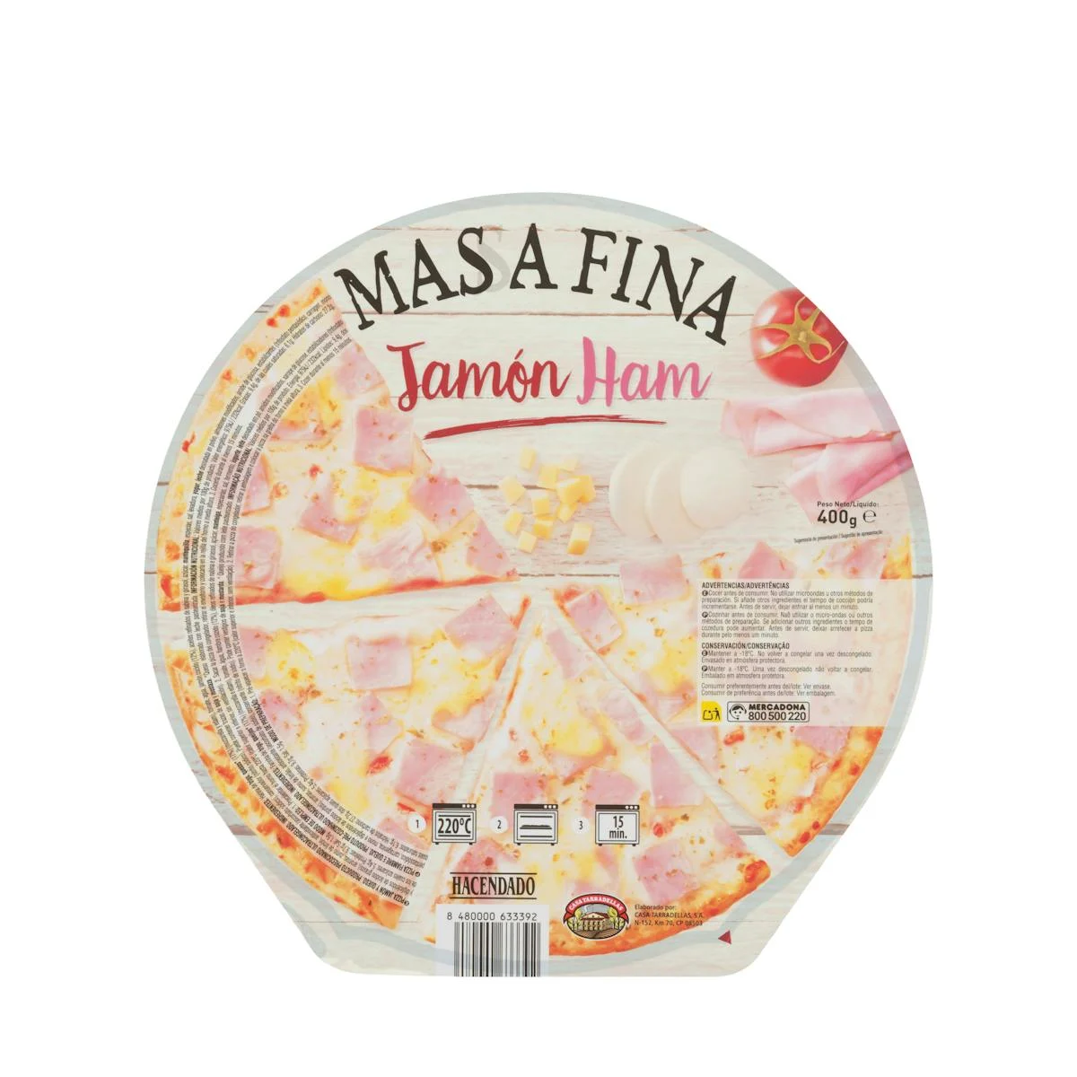 Thin-crust ham pizza deep frozen Hacendado