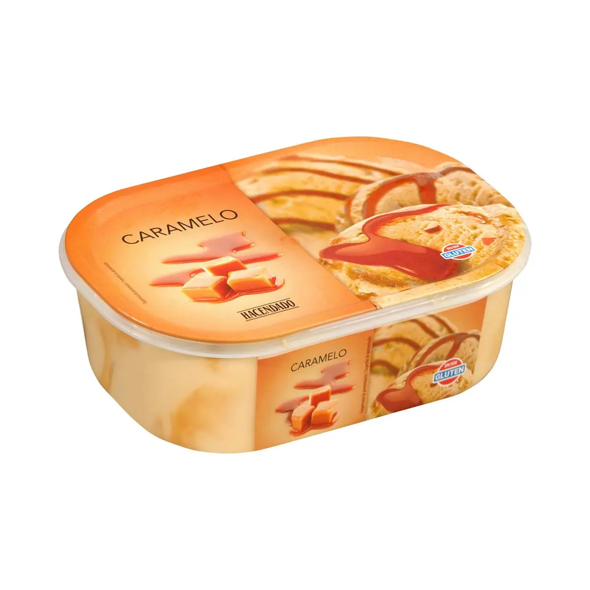 Karamelleis Hacendado mit Stückchen und Karamellsauce