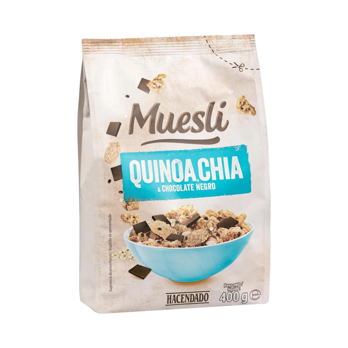Musli Hacendado amb quinoa, xia i xocolata negra