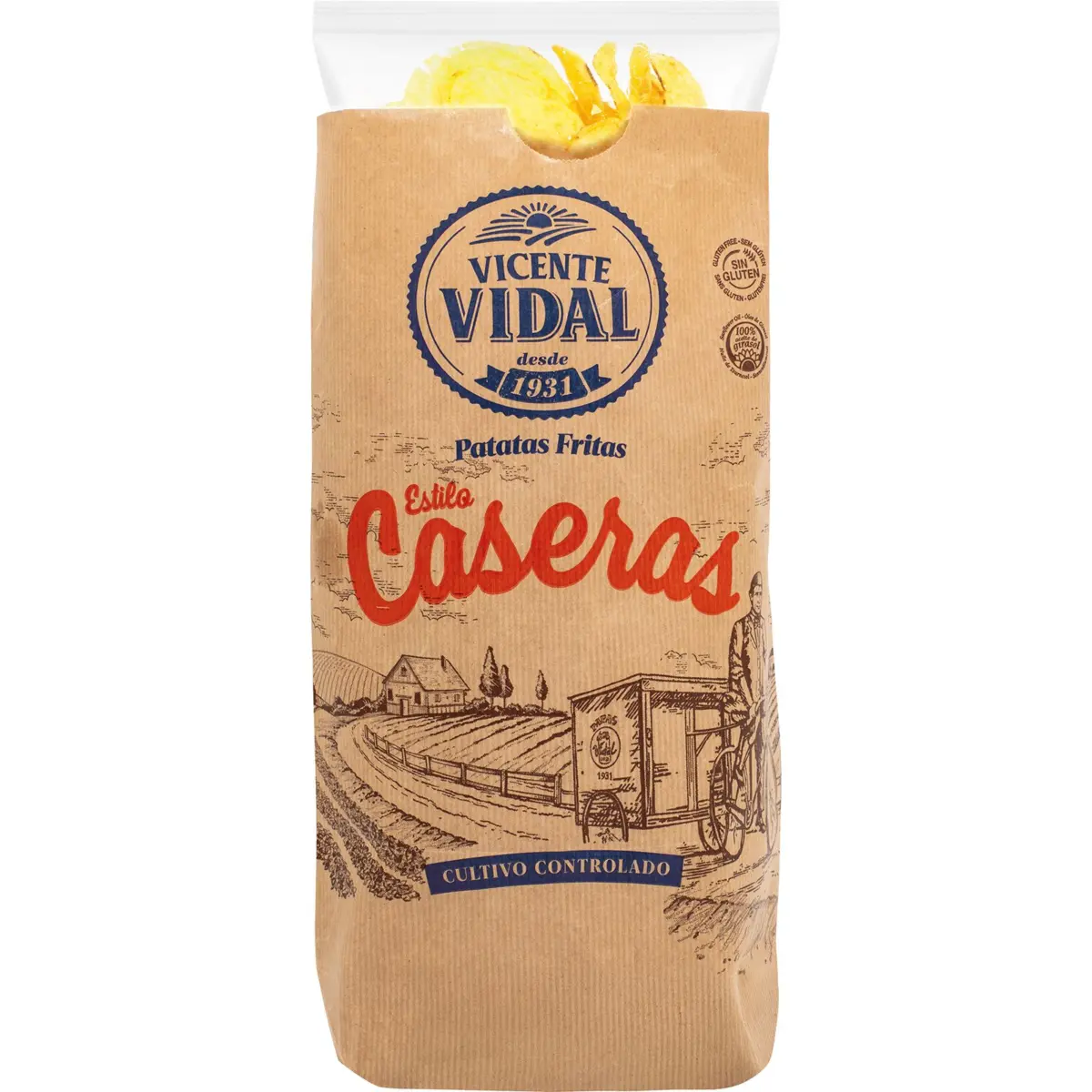 Homemade smooth potato chips, paper bag Vidal
