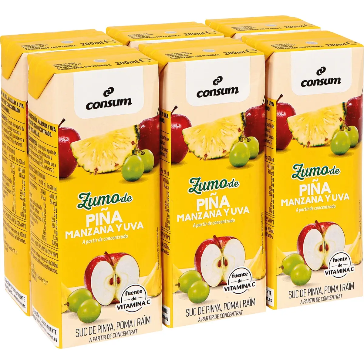 Pineapple, grape and apple concentrate juice, pack of 6 Consum