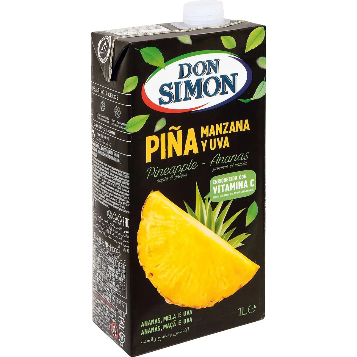 Jus d’ananas, pomme et raisin à base de concentré, brique Don Simon