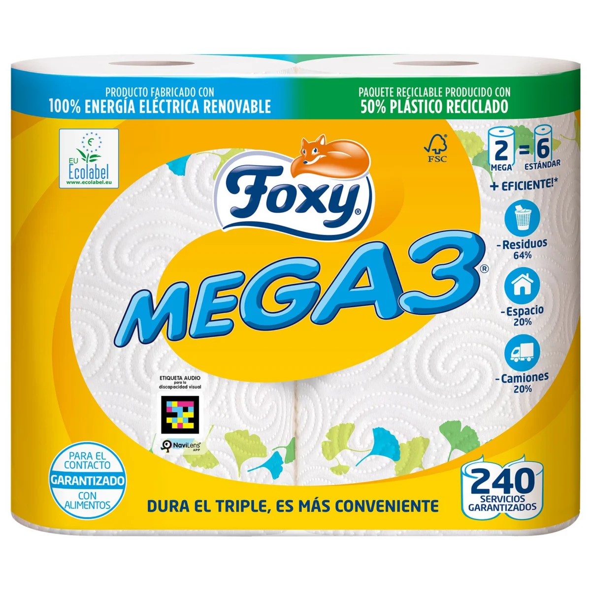 Kompaktes Küchenpapier Mega3, 2 Stück, entspricht 6 Rollen Foxy