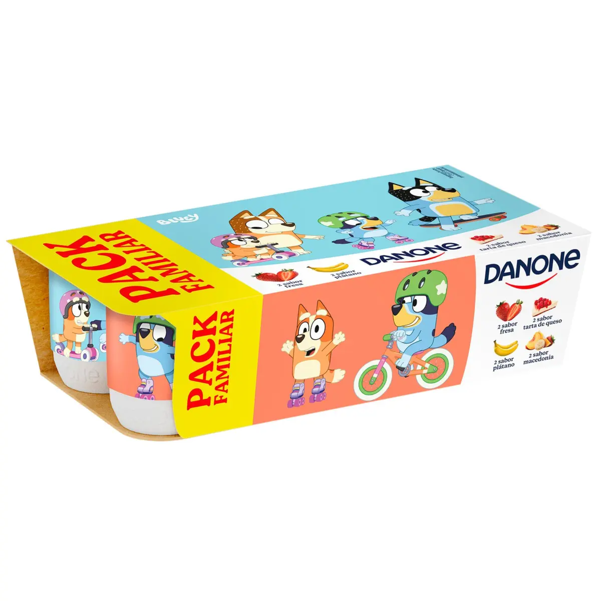 Iogurt amb sabor de maduixa, macedònia de fruites, plàtan i pastís de formatge Danone