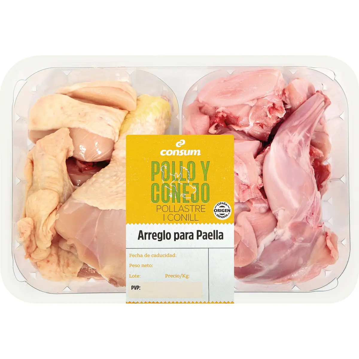 Chicken and rabbit paella preparation Consum