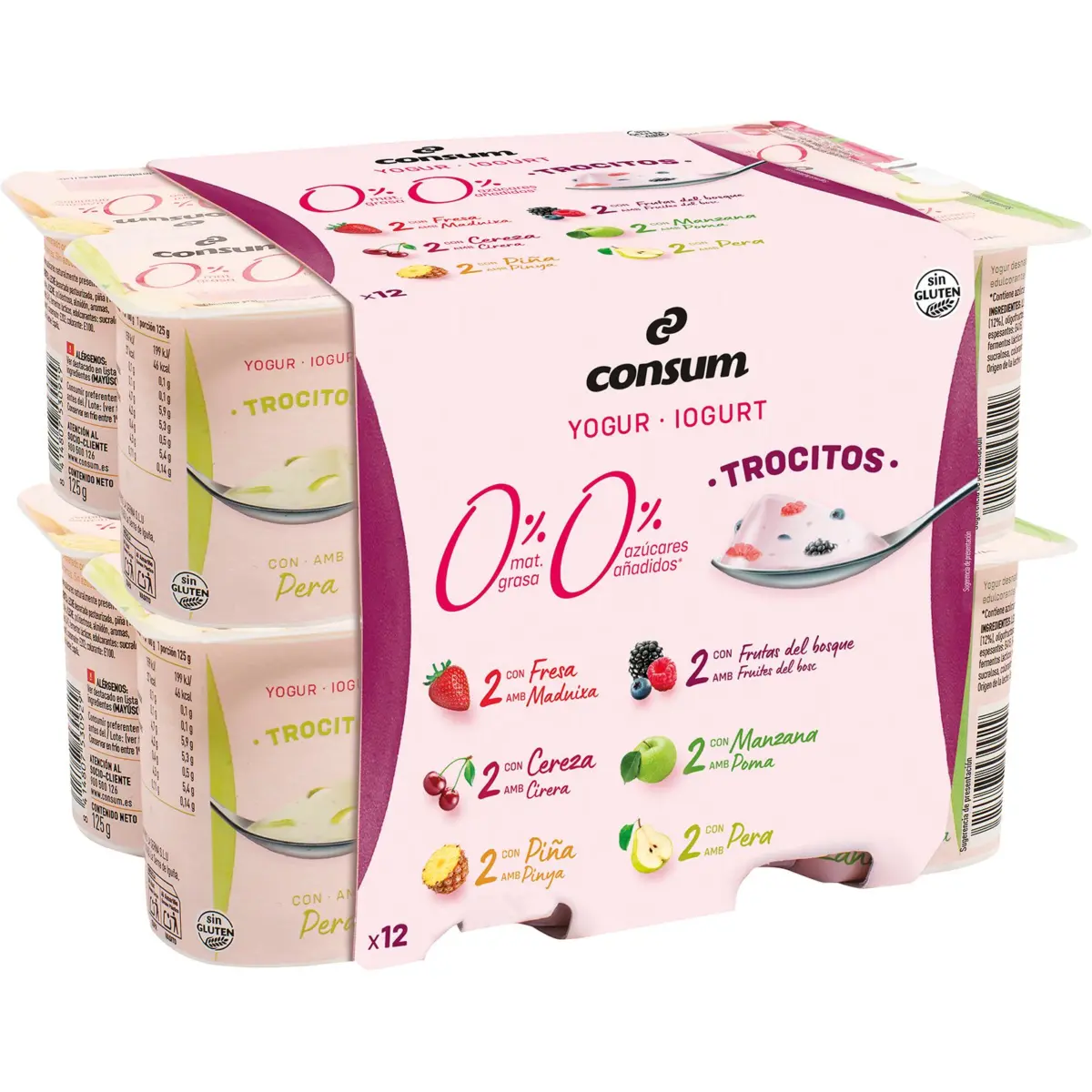 Iogurt 00% amb fruites, pack de 12 unitats Consum