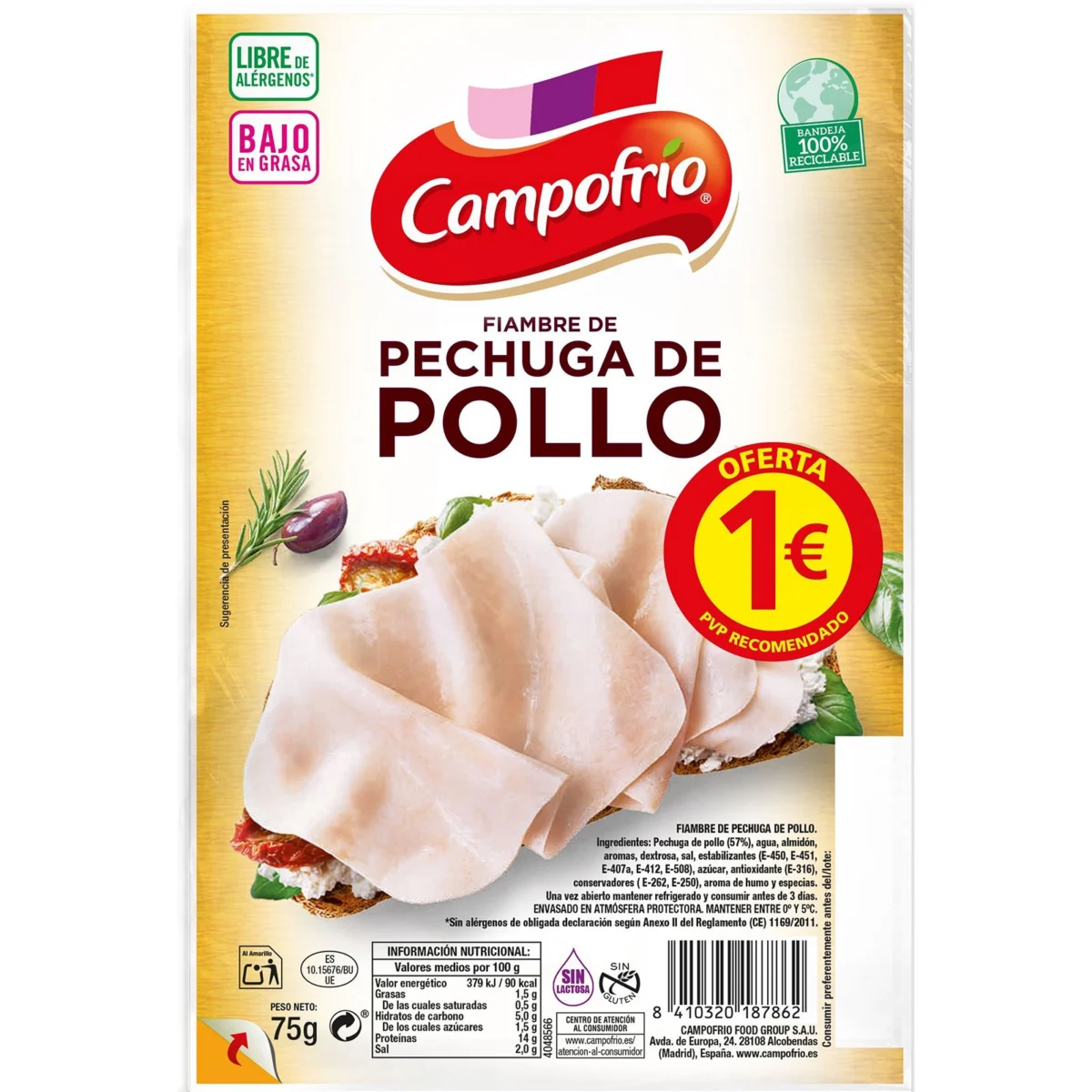 Fiambre de pit de pollastre B/G, llesques Campofrío