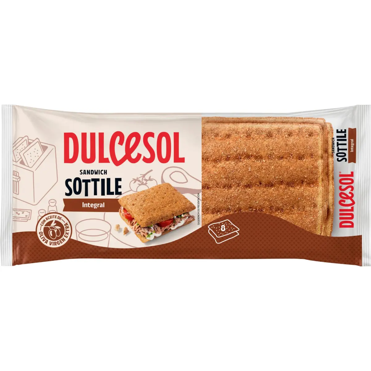 Pa integral per a sandvitxos Sottile, 8 unitats Dulcesol