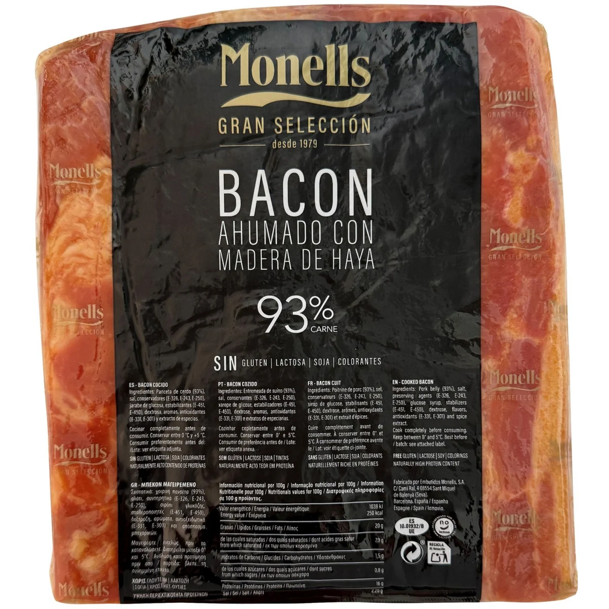 Bacon smoked with beechwood, 93% meat Monells