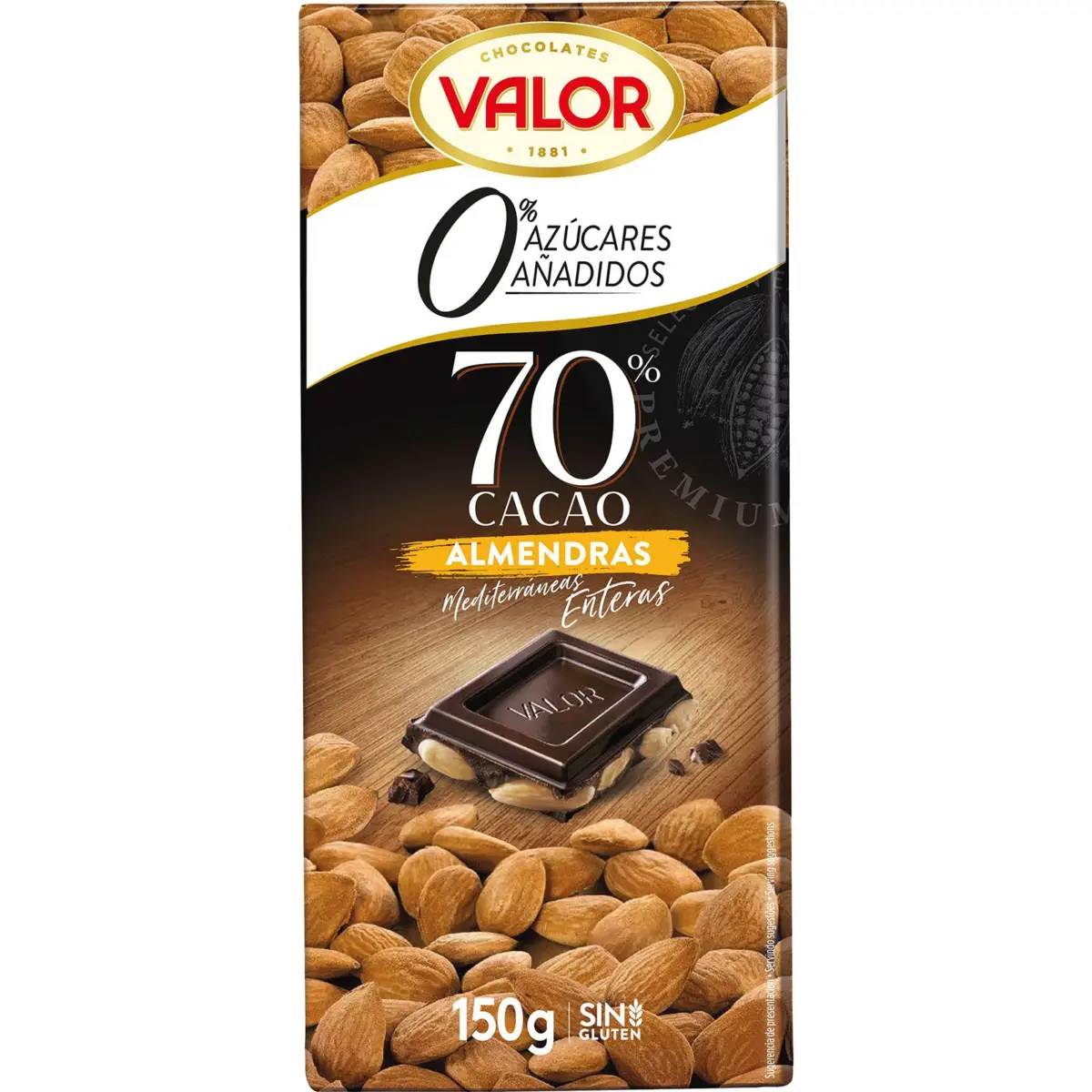 Chocolate Negro 70% sin Azúcar con Almendra Valor