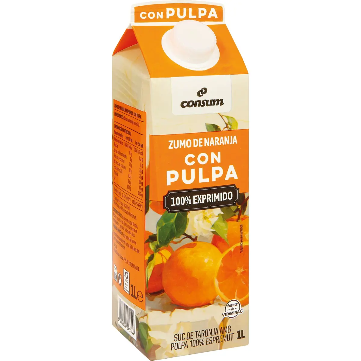 Suc de taronja espremut amb polpa en bric Consum