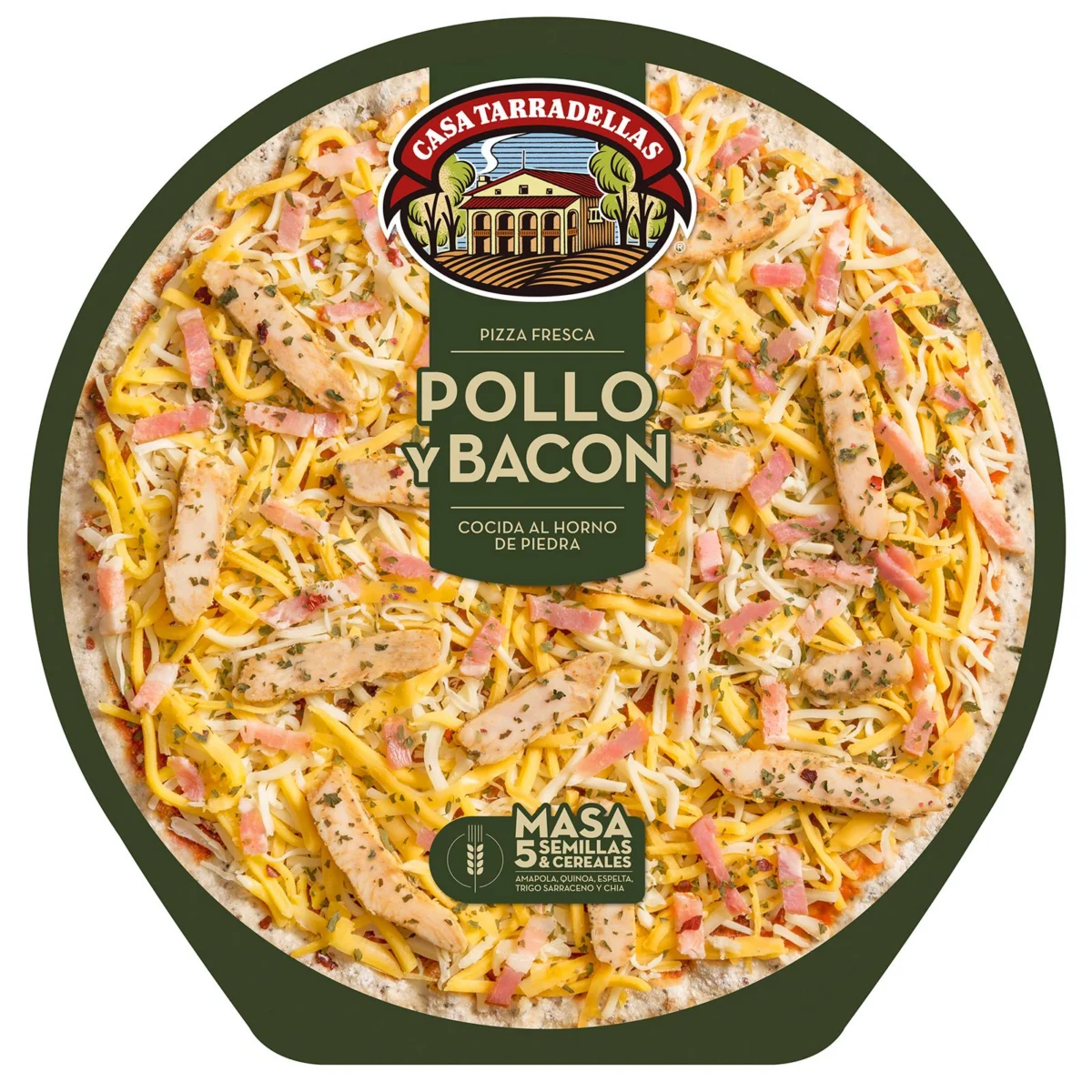 Pizza mit Hähnchen und Bacon auf Teig mit 5 Samen Tarradellas