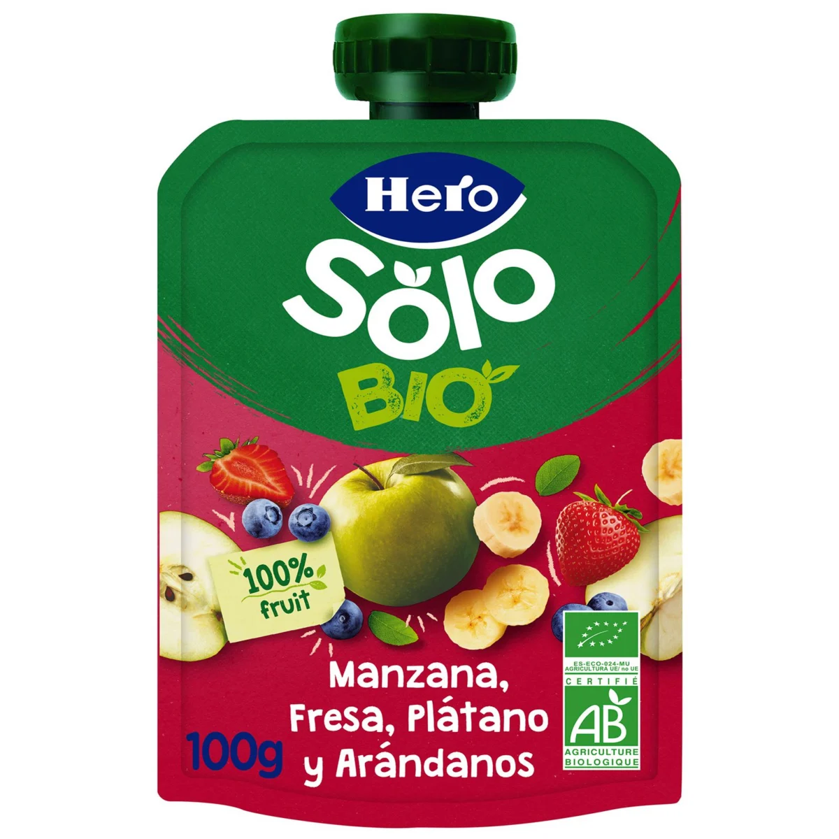 Fruchtpüree im Beutel mit Apfel, Erdbeere, Banane und Heidelbeere Solo Hero