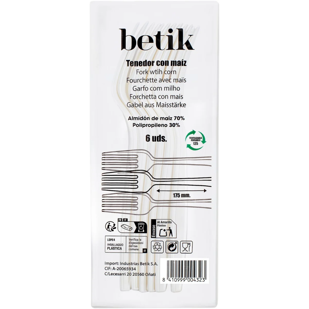 Fourchettes jetables en maïs, 6 unités Betik